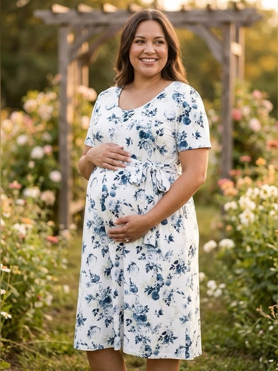 Amazon Dresses & Skirts - Amazon Maternity Dress Medium M White Blue Floral Tie Waist Baby Shower Midi